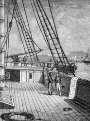 電子電信（1844年）とモールス・アルファベットを発明したサミュエル・モールス（1791～1872年）は、1832年に定期船 "サリー "に乗船した。エングレービング 19世紀
