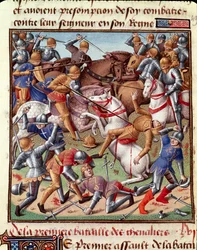Vincent de Beauvais (1190-1264)の『歴史の記憶』(Speculum Historiale) (ms. 1196 fol. 408 r.)の中の戦闘シーンのミニチュアで、Jean de Vignayがフランス語に翻訳したもの。