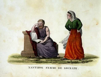 ソクラテスとその妻ザンティッペ（Xanthippe）との間の男女の情景 - エングレーヴィング
