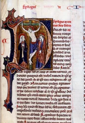 レターヘッド（D字）に描かれた磔刑のシーン。Vincent De Beauvais作「Speculum historiale」（12世紀）のミニチュール