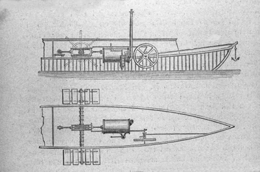 フランス人技師ジュフロワ・ダバン（1751-1832）の蒸気船のカットとエンジンのシェーマ。