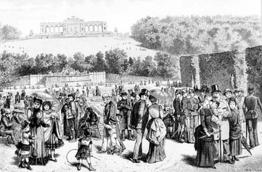 ショーンブルン公園は、ウィーンからほど近い場所にある宮殿と庭園の複合施設で、18世紀からハプスブルク家の夏の離宮となっていました。19世紀のリトグラフ。