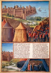 第2回十字軍：1153年、ボードゥアン3世（1131-1162）によるアスカロン包囲戦の情景。セバスティアン・マムロによる「Les passages faits Outremer par les Français contre les Turks et autres Sarrazins et Moures Outremarine」所収の細密画