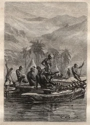 キャプテン・ジェームズ・クック（1728-1779）の第2回目の航海（1772-1775）：原住民は十分な自信を持って近づき、交流した（ニューカレドニア）-イラストは "The Great Mariners of 18th century "より引用