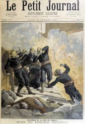 ボウシャ軍曹はルイィ通りの爆発事故の後、消防隊員の間で亡くなった。1894年の "リトル・ジャーナル "のイラスト。