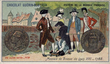 ショコラ・ゲラン・プトロン社のHistoire de la Monnaie Françaiseシリーズ。クロモリトグラフ 19世紀1788年のルイ16世の銅貨