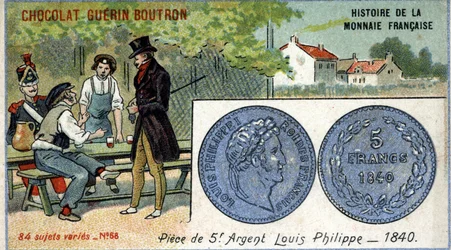 ショコラ・ゲラン・プトロン社のHistoire de la Monnaie Françaiseシリーズ。クロモリトグラフ 19世紀5フラン銀貨。ルイ・フィリップ1世（1840年