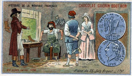 ショコラ・ゲラン・ブトロン社発行のシリーズHistoire de la Monnaie Française。クロモリトグラフィー 19世紀 1791年の銀貨15枚のソイルのコイン