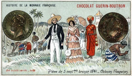 ショコラ・ゲラン・プトロン社のHistoire de la Monnaie Françaiseシリーズ。19世紀のクロモリトグラフ。5セント銅貨 1841年フランスの植民地