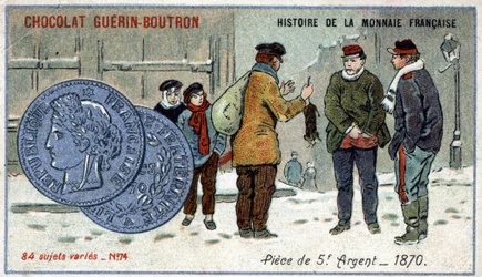 ショコラ・ゲラン・プトロン社のHistoire de la Monnaie Françaiseシリーズ。クロモリトグラフ 19世紀1870年の5フラン銀貨