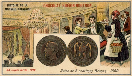 ショコラ・ゲラン・プトロン社のHistoire de la Monnaie Françaiseシリーズ。19世紀のクロモリトグラフ。1860年の5セント銅貨。ナポレオン3世