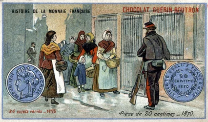 ショコラ・ゲラン・プトロン社のHistoire de la Monnaie Françaiseシリーズ。19世紀のクロモリトグラフ。1870年の20セント硬貨