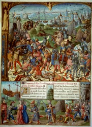 第7回十字軍（1248-1254）。上は、1250年にマンスーラでサラセン人に敗れたフランス王ルイ9世（サン・ルイ）（1215-1270）と十字架。ダマスカスの塔の後ろに撤退していった。ルイ9世と2人の兄弟は捕らえられている