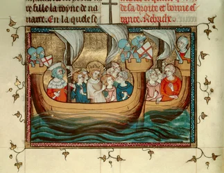 第7回十字軍：フランス王サン・ルイ（またはルイ9世）（1214-1270）は1245年頃、キプロスのニコシアに到着。ミニチュア。B.N.パリ