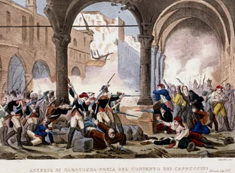 1808年のサラゴサ(Zaragoza)の包囲とカプチン会修道院。当時のカラーエングレーヴィング。ミラノ