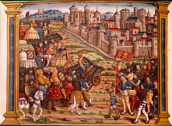 爆弾による都市の包囲。ルイ11世とリエゴワ家の戦い。ミニチュアは "Les epitaphes des feux kings Louis XI of this name and from Charles his son VIII of this name that God absoe "の写本から引用している。