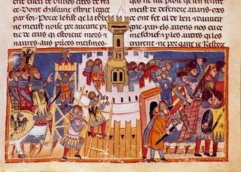 要塞都市の包囲 ミニチュア 12人のセザールの生涯を描いた「ローマ人の事実」からの引用。13世紀 ヴェネツィア、ビブリオテカ・マルシアーナ
