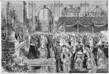 1882年6月6日、スウェーデンとノルウェーの国王夫妻、オスカー2世（1829-1907）とソフィー・ド・ナッソー（1836-1913）の銀婚式。1882年6月17日の「The Illustrous World」n¡1316に掲載されたエングレーヴィング。