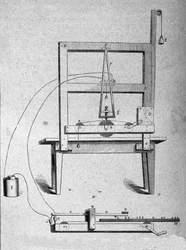 アメリカの発明家サミュエル・フィンリー・ブリース・モース（1791-1872）の最初の電信機のスケッチ。19世紀の銅版画