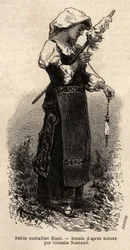 紡錘で羊毛を紡ぐローマ周辺の小さなコンタディーネ（農民）。フランシス・ウェイが1864年から1870年に行ったローマへの航海を示すための版画で、エドゥアール・シャルトン編集の「Le tour du monde」1870年から1871年に掲載されている。
