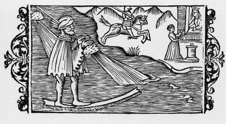 魔術師がソルティレッジを使って海を渡る-Olaus Magnusの "Historia de Gentibus Septentrionalibus "の中で、1555年にローマで。