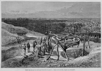 南アフリカのダイヤモンド鉱山：馬が引く砂利挽き機-1878年第2週の「Tour du Monde」に掲載。