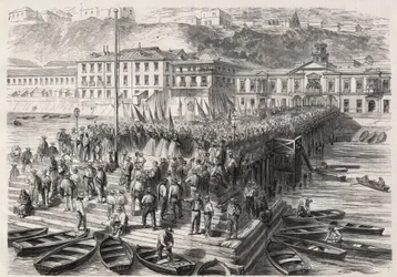1865年9月、チリとスペインの間の南米ヒスパノ戦争：バルパライソの婦人たちは、港を封鎖しているスペイン艦隊の前で、愛国的な賛美歌を歌っている - Engraving In "The Illustrous World"