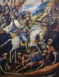 馬に乗ってムーア人を殺す聖ヤコブ、パラヴェント デッラ コンキスタ (征服のスクリーン) の詳細、未知の 17 世紀のアーティストによるキャンバスに油彩、213x550 cm、メキシコ