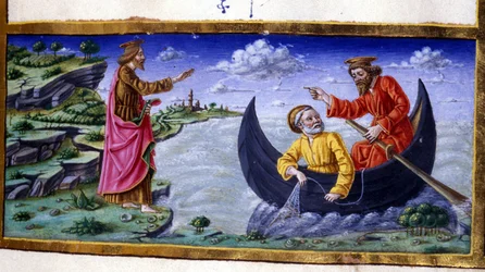 St.Peterティベリアス湖での釣り。15世紀のミニチュア。ミラノ、トリブルジアーナ図書館。