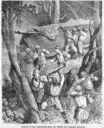 アフリカのスタンレー - スタンレーの中央アフリカへの遠征 1874-1877。ジャングルの中を行進する - Horace Castelli (1825-1889)のデッサンに基づく木版画。