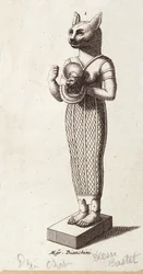ダンスの女神、猫頭のバステトの像（古代エジプト）。古代エジプトの宗教における女神。
