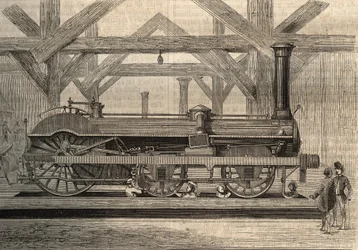 トーマス・ラッセル・クランプトン(1816-1888)と名付けられたクランプトン方式の蒸気機関車模型。1856年に描かれた版画。