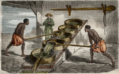 製糖：西インド諸島の製糖工場でサトウキビ汁を煮るボイラー。1859年、"Le Musee Des Sciences "に所蔵されている。