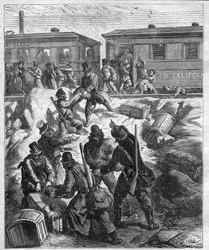 THE ATTACK OF THE FAR WEST TRAIN - Pacific Railway - Train attacked by brigands mask - engraving of 1887