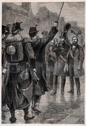 Victor Schoelcher (1804-93) at the Saint Antoine Barricade, 4th December 1851 - Victor Schoelcher (1804-93) の逮捕 1851年12月4日、フォーブル・サン・アントワンヌ - ルイ・ボナパルト（未来）のクーデターによって引き起こされた反乱の中で、このような逮捕が行われた。