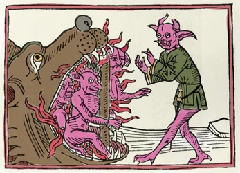 『ベリアル裁判』: 「悪魔ベリアル、冥界の入口へ戻る」; ヤコブス・デ・テラモ（またはパラディーノ）『ベリアル裁判』からの版画、アウクスブルク