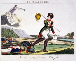 1815年のカエサル - 来た、見た…逃げた。死んだフランス兵が散らばる戦場から逃げるナポレオン1世についての風刺画。1815年の版画 - ナポレオン・ボナパルト（1769年8月15日 - 1821年5月5日）はフランスの軍事的・政治的指導者であり、