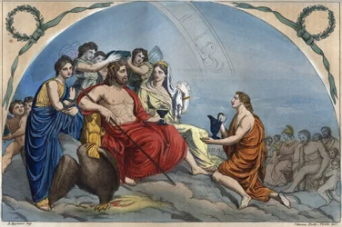 神々の評議会（または神々の集会）：オリンポスのゼウスが神々を取り囲む - オリンポスの彫刻（「宇宙のすべての人々の用途と習慣」より）。または、宇宙のすべての国の政府、法律、民兵、宗教の歴史。