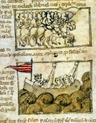 聖地を旅する十字軍。Peregrinationem in Terram Sanctam "より。12世紀の写本。ヴェネツィア、マルシアナ図書館。