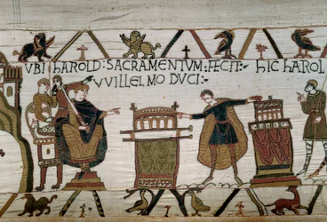 ノルマンディー公ギヨーム征服王（1027-1087）は、忠誠を誓ったハロルドを2つの聖遺物箱で騎士にした バイユーのタペストリーまたはマチルド王妃の刺繍の詳細