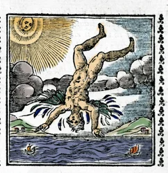 The Fall of Icarus - イカルスの落下。カラフルなキシログラフィー。16世紀の作品。