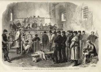 The Fenian Insurrection, Inquest on Mr Cleary in Courthouse at Kilmallock - 1867 - A trial of Fenians prior to the Court of Kilmallock in Ireland - 1867 - engraving from the "The Illustrous Universe" of 1867