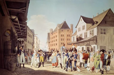 歩兵第24連隊のフランス軍がアウゲロー将軍と共にフランクフルトを出発 1808年のEngraving Frankfurt, historical museum