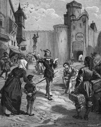 ドイツの騎士、詩人、ヒューマニストであるウルリッヒ・フォン・ヒュッテン（1488-1523）が路上で自作の詩を宣言している様子。19世紀のエングレーヴィング。ジュール・ミシュレの『フランス史』には