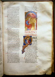 聖ルカの福音書は、雄牛のページと一緒に描かれています。薄さ52,5x36 cm Rome, Biblioteca Casanatense