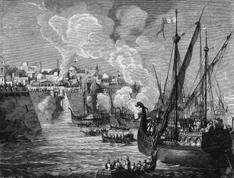 1453年、ムハンマド2世によるコンスタンティノープル包囲戦で、包囲者と被包囲者が使用したギリシャの火。科学のアルバム」エディシオン・ジュベにて
