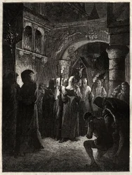 白い懺悔服を着たフランス王アンリ3世（1551-1589）」1585年3月23日に王が制定したConfrerieの行列（白い懺悔服を着たフランス王アンリ3世の行列）。