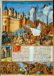 フランス王ルイ9世（聖ルイ）（1214-1270）、第7回十字軍へ出航する。「Les passages faits Outremer par les Français contre les Turks et autres Sarrazins et Moures Outremarine」セバスチャン・マムロによる細密画