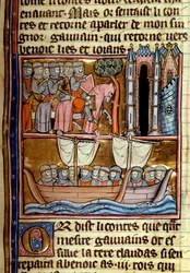 騎士たちは十字軍のために出発した。Robert De Borron (ou Boron) (1147-1170) 1280年頃 Paris, B.N.による「La quete du Holy Grail et la mort du roi Arthur」から引用されたミニチュア。