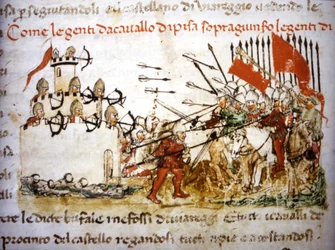 ピサの騎士たちが1397年にルッカの歩兵隊を破った - 1400年頃の『セルカンビ年代記』より。ルッカ、国立公文書館。